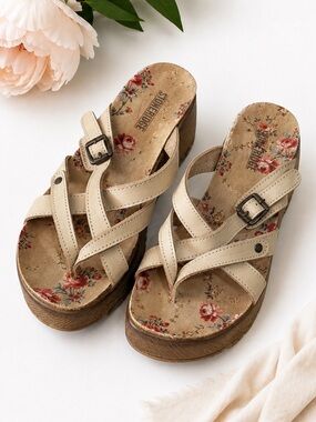 Vintage 90s StoneRidge Beige Leather Platform Wedge Sandal Floral sz 39 8.5